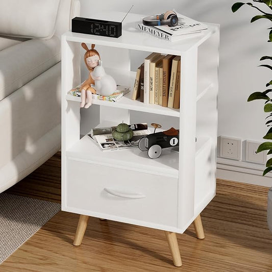Aenuert Night Stand, White Nightstand with Drawer, Side Table with Open Storage, 3-Tier Modern End Table, Bedside Table for Small Space, Living Room, Bedroom