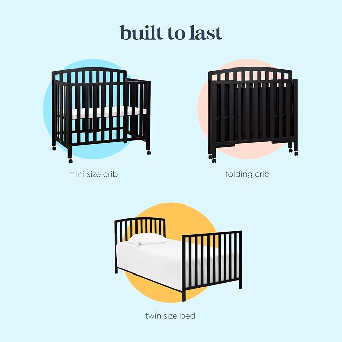 Davinci Dylan 3-in-1 Convertible Portable Mini Crib, Ebony | GREENGUARD Gold Certified - Folding Baby Crib With Wheels, 4 Adjustable Mattress Heights, Conversion Kit Sold Separately