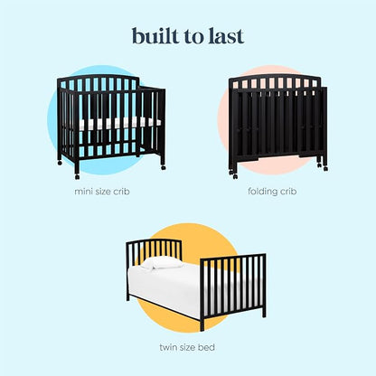 Davinci Dylan 3-in-1 Convertible Portable Mini Crib, Ebony | GREENGUARD Gold Certified - Folding Baby Crib With Wheels, 4 Adjustable Mattress Heights, Conversion Kit Sold Separately