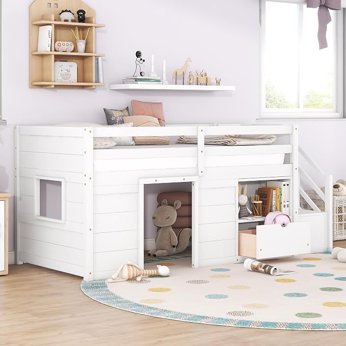 Bellemave Twin Size Low loft Bed for Kids,Wood Loft Beds,Modern Farmhouse Twin loft Bed,Loft Bed with Desk and Storage, No Box Spring Needed,for Kids,White