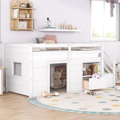 Bellemave Twin Size Low loft Bed for Kids,Wood Loft Beds,Modern Farmhouse Twin loft Bed,Loft Bed with Desk and Storage, No Box Spring Needed,for Kids,White