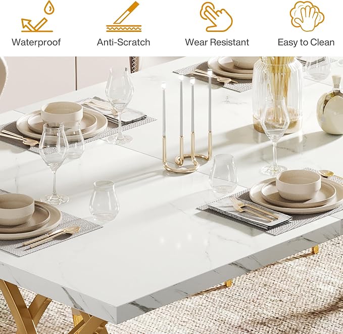 LITTLE TREE Modern Dining Table for 4-6 People, 63" Large Rectangular Kitchen Table with Faux Marble Tabletop and Geometric Legs, Unique Dinner Table Kitchen & Dining Room Furniture