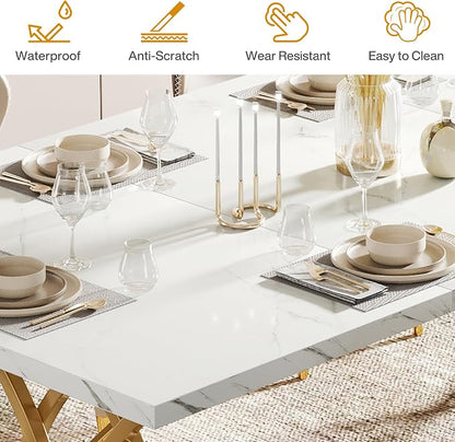 LITTLE TREE Modern Dining Table for 4-6 People, 63" Large Rectangular Kitchen Table with Faux Marble Tabletop and Geometric Legs, Unique Dinner Table Kitchen & Dining Room Furniture
