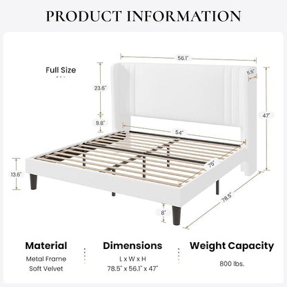 SHA CERLIN Full Size Velvet Upholstered Platform Bed Frame with Vertical Channel Tufted Wingback Headboard, Wooden Slats Support, Easy Assembly, Under Bed Storage, No Box Spring Required, White