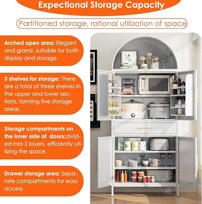 72.8" White Metal Arched Pantry Cabinet with Drawer, Tall Kitchen Storage Cabinet with 3 Adjustable Shelves, Door Storage, Magnetic Closure & Anti-Tip Kit, White, Assembly Required