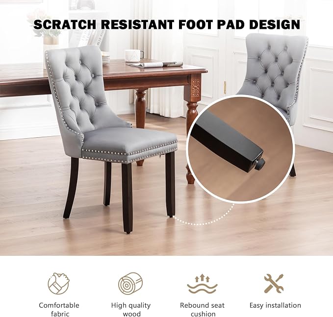 Hixkol Velvet Dining Chairs Set of 2,Upholstered Dining Chairs with Ring Pull Trim and Button Back,Modern Seating for Kitchen, Dining Room & Living Room(Grey)