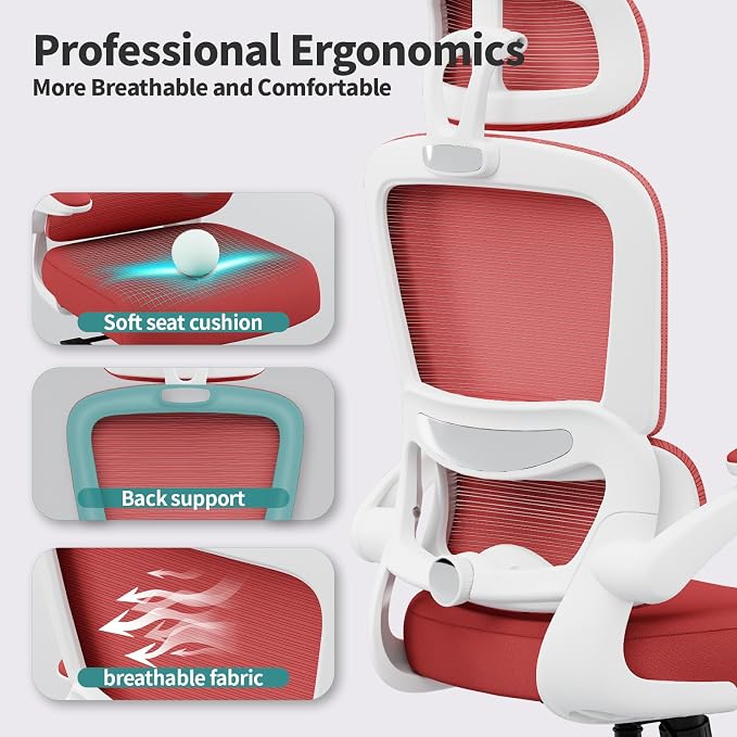 TRALT Office Chair Ergonomic Desk Chair, 330 LBS Home Mesh Office Desk Chairs with Wheels, Comfortable Gaming Chairs (1, Red)