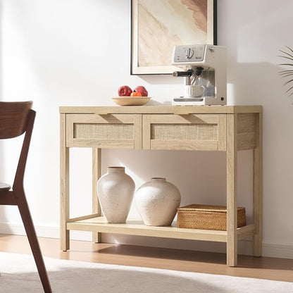 SICOTAS Rattan Console Table for Entryway - Boho Entryway Table with Storage and Drawers, Small Entry Tables for Hallway Behind Couch Table Sofa Table