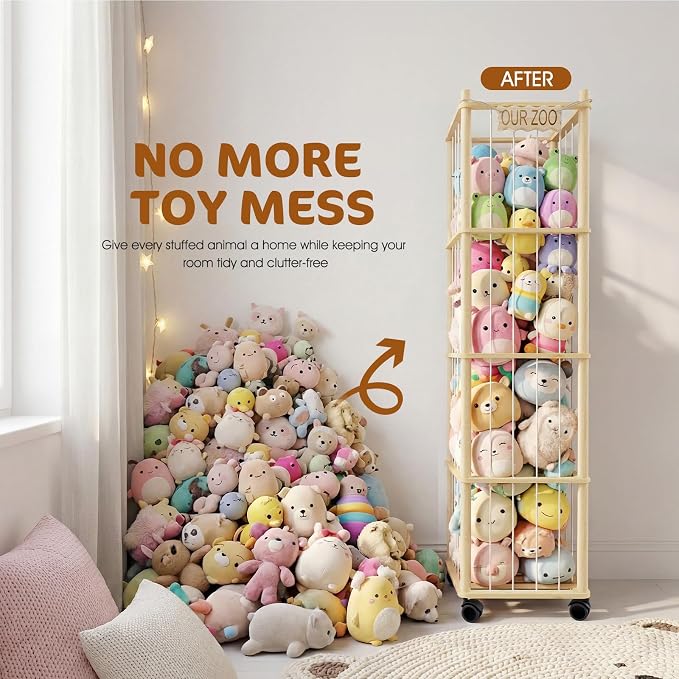 DIY Stuffed Animal Storage Kit, Adjustable 1–4 Tier Stuffed Animal Organizer with Wheels, Large Plushies Storage for Playroom, Bedroom & Nursery, Designed for Growing Toy Collections