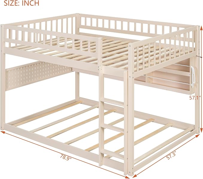Full Over Full Bunk Bed, Wood Bunk Bed with Integrated Shelving, Color-Changing Lights and Pegboard for Kids Teens Adults, Beige