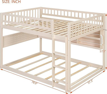 Full Over Full Bunk Bed, Wood Bunk Bed with Integrated Shelving, Color-Changing Lights and Pegboard for Kids Teens Adults, Beige
