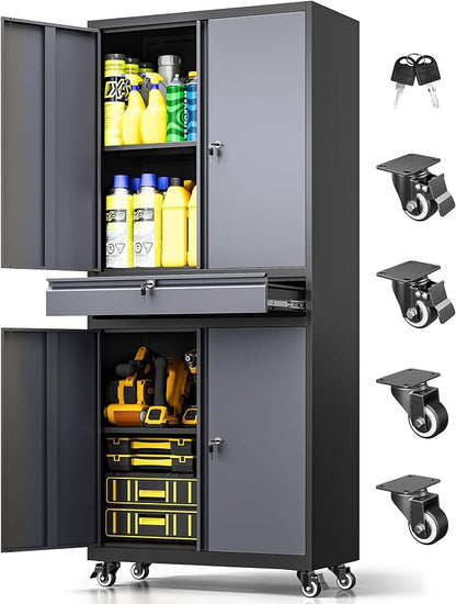 73" Metal Garage Storage Cabinet with Wheels， Rolling Tool Storage with Locking Doors， Adjustable Shelves and Drawer, Heavy Duty Steel Tool Cabinet for Garage, Warehouse, School(Black Grey)
