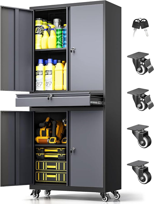 73" Metal Garage Storage Cabinet with Wheels， Rolling Tool Storage with Locking Doors， Adjustable Shelves and Drawer, Heavy Duty Steel Tool Cabinet for Garage, Warehouse, School(Black Grey)