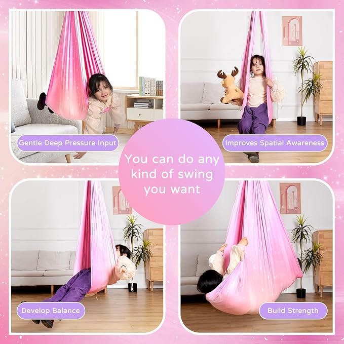 Sensory Swing for Kids and Adults Indoor & Outdoor Double Layer Therapy Cuddle Holds up to 300lbs Adjustable Hammock Chair with 360° Swivel Hanger Kit Effect for Aspergers Autism ADHD(Fantasy Pink)