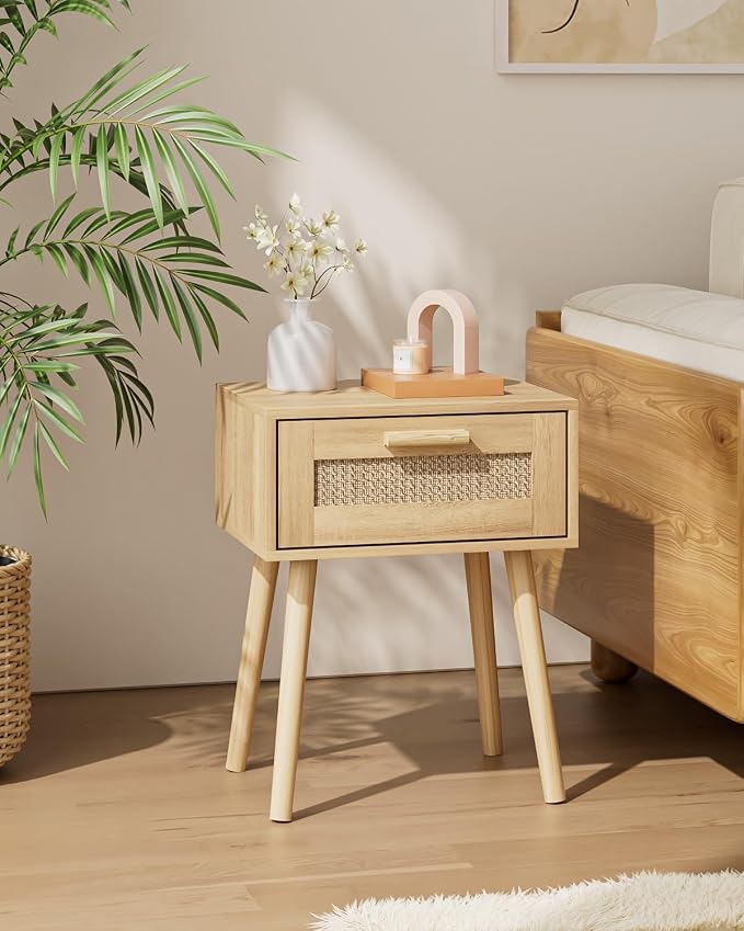 Aienvey Rattan Nightstand, Small Night Stand, Side Table with Drawer Open Shelf, Cane Accent Bedside End Table with Wood Legs, Bohemian Wood Nightstand for Bedroom, Oak (Bohemian)