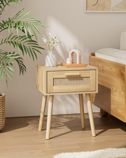 Aienvey Rattan Nightstand, Small Night Stand, Side Table with Drawer Open Shelf, Cane Accent Bedside End Table with Wood Legs, Bohemian Wood Nightstand for Bedroom, Oak (Bohemian)