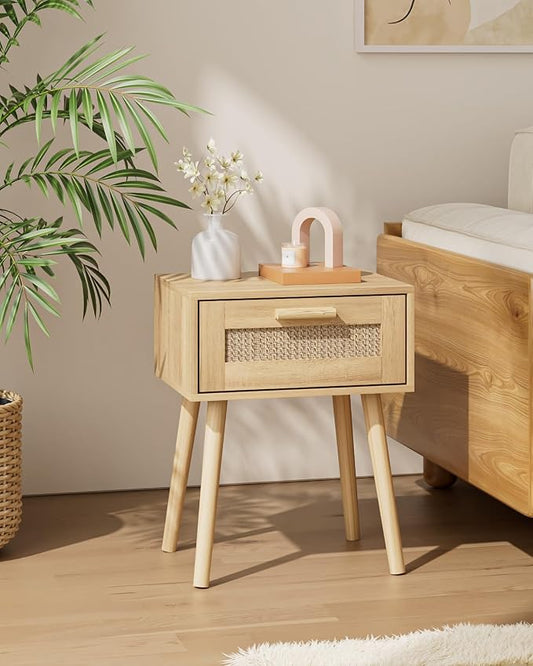 Aienvey Rattan Nightstand, Small Night Stand, Side Table with Drawer Open Shelf, Cane Accent Bedside End Table with Wood Legs, Bohemian Wood Nightstand for Bedroom, Oak (Bohemian)