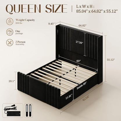 Queen Bed Frame with 55.1" Tall Headboard, Velvet Upholstered Platform Bed with Channel Tufted Wingback, 2 Reading Lights/Storage Shelf/Charging Station/Easy Assembly/Noise-Free, Black