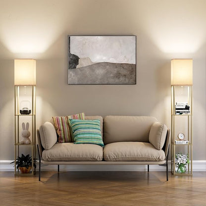 Floor Lamp with Shelves for Living Room Natural Wood, Shelf Floor Lamp with 3 CCT LED Bulb, Corner Display Standing Column Lamp Etagere Organizer Tower Nightstand with White Linen Shade for Bedroom