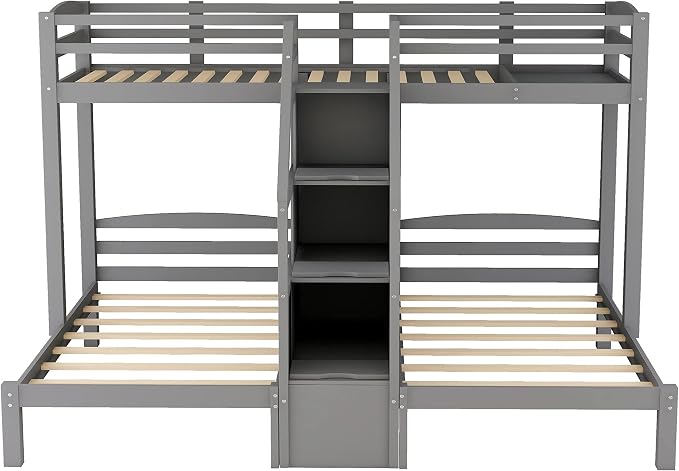 VilroCaz Twin Size Triple Bunk Bed with Built-in Staircase and Storage Drawer, Solid Wood Bunk Bed Frame with Safety Full-Length Guardrail for 3, Bedroom Guest Room Home Furniture (Gray)
