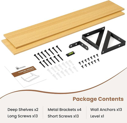Axeman 40'' x 8'' Oak Floating Shelves for Wall with Brackets Set of 2 | 40 Inch Oak Book Shelf for Living Room Bedroom, Includes Mounting Hardware, Holds up to 45Lbs
