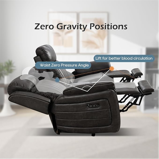Power Zero Gravity Reclining Sofa with Adjustable Headrest, Electric Reclining Couch with Drop Down Table, Power Recliner Sofa 3-Seater for Living Room (Badlands Charcoal-Sofa)