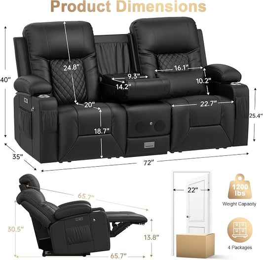Power Loveseat Recliner Sofa, Electric Reclining Loveseat Couch with Console, Home Theater Seating with Bluetooth Speaker & LED Light, Zero Wall Hugger RV Sofa Furniture with Built-in Outlet & Storage