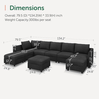 HONBAY Modular Sectional Sofa with Storage, U Shaped Couch Modular Convertible Sectional Couches for Living Room - Linen Grey