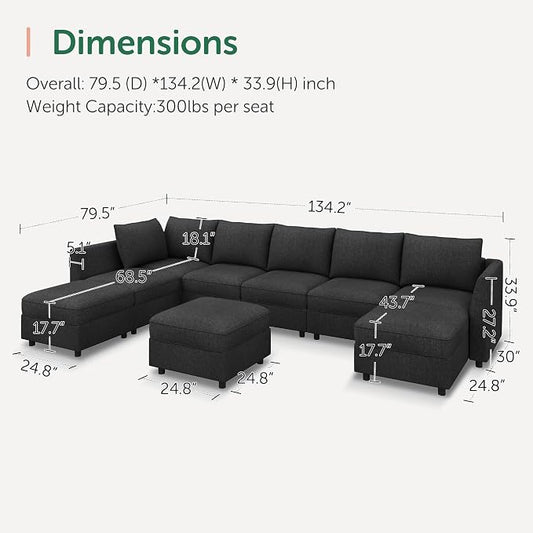 HONBAY Modular Sectional Sofa with Storage, U Shaped Couch Modular Convertible Sectional Couches for Living Room - Linen Grey
