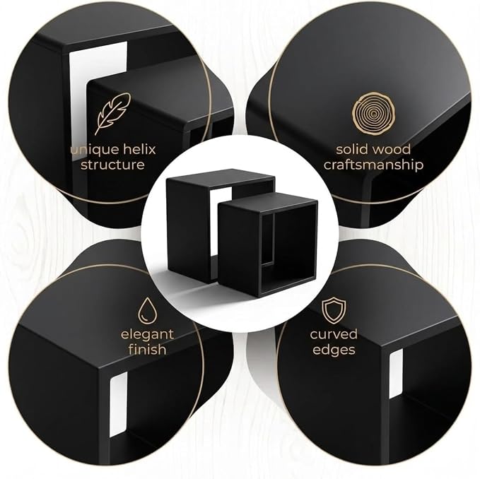 Relso Cascade Nesting Tables Set of 2 - Solid Wood with Smooth Rounded Edges for Stylish Living Room, Bedroom Or Outdoor Use - Space-Saving Design, Natural Grain, Long-Lasting, Black Finish