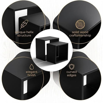 Relso Cascade Nesting Tables Set of 2 - Solid Wood with Smooth Rounded Edges for Stylish Living Room, Bedroom Or Outdoor Use - Space-Saving Design, Natural Grain, Long-Lasting, Black Finish