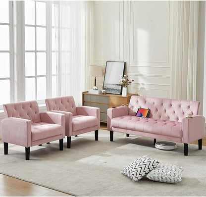 TYBOATLE Mid-Century Modern Tufted Pink Velvet Loveseat Sofa Set w/ 2 USB & 2 Cupholders, 3 Piece Living Room Furniture Sets, Small Love Seat Couches for Small Space Apartment Bedroom Office