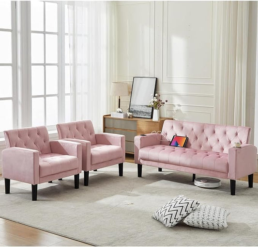 TYBOATLE Mid-Century Modern Tufted Pink Velvet Loveseat Sofa Set w/ 2 USB & 2 Cupholders, 3 Piece Living Room Furniture Sets, Small Love Seat Couches for Small Space Apartment Bedroom Office