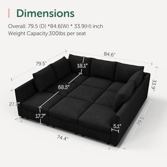 HONBAY Modular Sectional Sleeper Sofa with Storage Modular Convertible Sectional Couch Bed Modular Sectional Couches for Living Room,Black