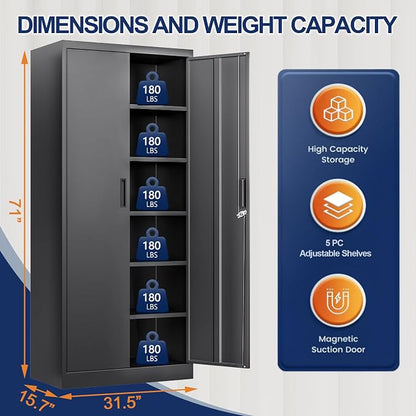 BESFUR Metal Garage Storage Cabinet with Locking Doors and 5 Adjustable Shelves, Black Tall Storage Cabinets, Tool File Lockable Cabinet for Garage Office Warehouse Shop(71”H)