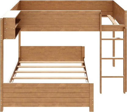 Full XL Over Full XL Bunk Bed with Built-in Storage Shelf & Ladder, Wood Bed Frame with Support Slats, Space-Saving Design, Walnut