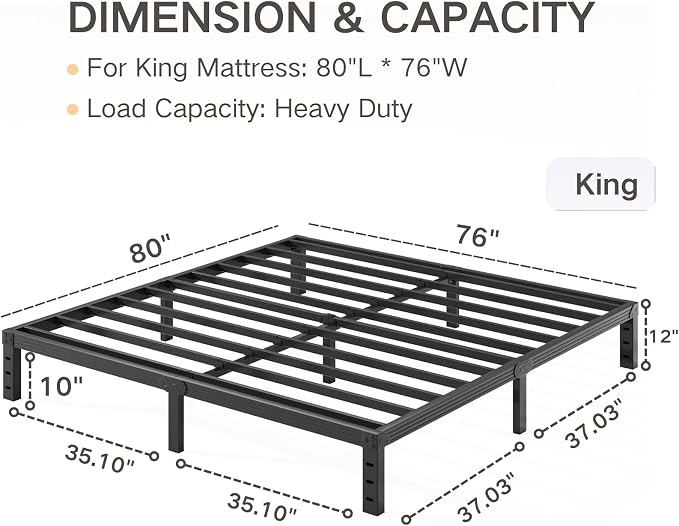 King Bed Frame Heavy Duty,12" High Black Metal Platform Bed Frame,Sturdy Steel Frame,No Box Spring Needed,Noise-Free,Easy Assembly