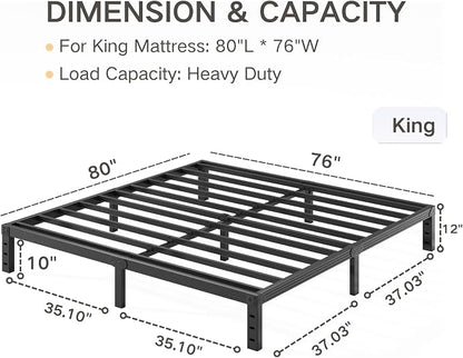 King Bed Frame Heavy Duty,12" High Black Metal Platform Bed Frame,Sturdy Steel Frame,No Box Spring Needed,Noise-Free,Easy Assembly