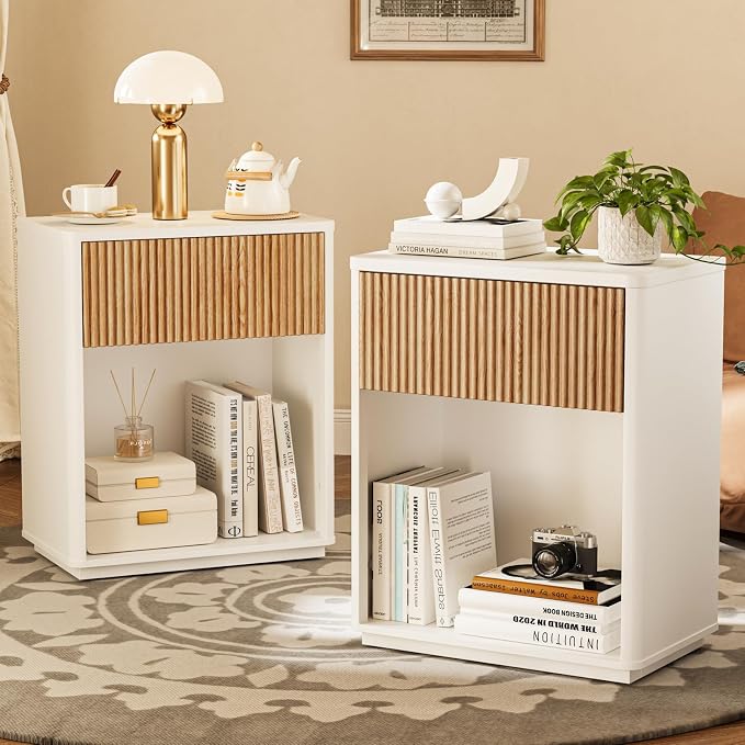 Modern Fluted Nightstand Set of 2 for Bedroom, Mid Century Bedside Table with Drawer & Open Shelf, Wood End Table, Farmhouse Night Stand for Home, Hallway, Office, White