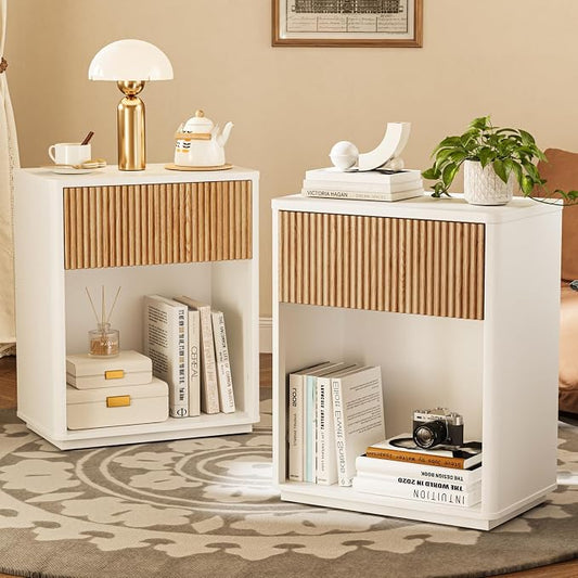Modern Fluted Nightstand Set of 2 for Bedroom, Mid Century Bedside Table with Drawer & Open Shelf, Wood End Table, Farmhouse Night Stand for Home, Hallway, Office, White