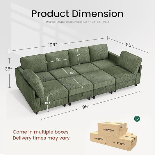 KKL Modular 8 Seater 108 Inch Sofa Bed - 2 * 4 Sectional Sleeper Sofabed with Storage Ottoman, Convertible L/U Shaped Sleeper Couch for Living Room, Modern Reversible Design, Green