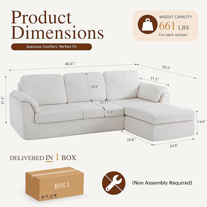 Sectional Couches for Living Room Cloud Couch with Ottoman, Upholstered Boneless Couches Modern Modular L Shaped Couch 3 Seater Sofa, No Assembly Required, Washable Covers, White