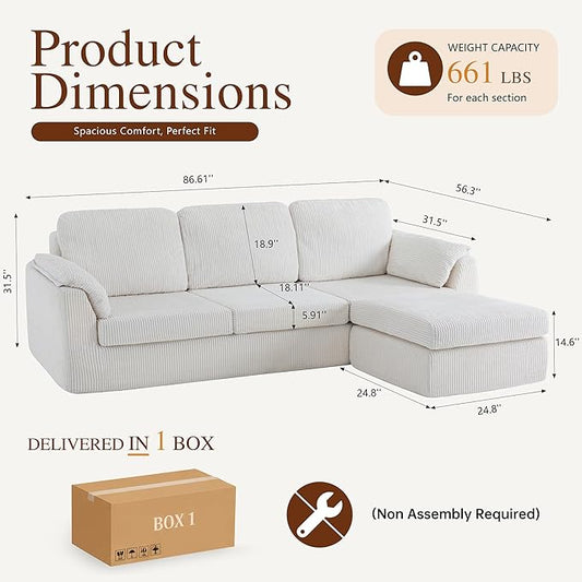 Sectional Couches for Living Room Cloud Couch with Ottoman, Upholstered Boneless Couches Modern Modular L Shaped Couch 3 Seater Sofa, No Assembly Required, Washable Covers, White
