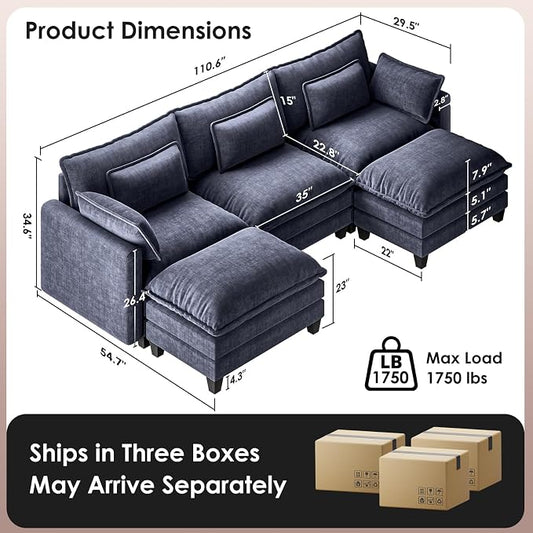 Marsail Modular Sectional Sofa 110.6" U-Shaped Modern Comfy Cloud Couch, 5-Seat Chenille Deep Seat Sofa with Throw Pillow & Movable Ottoman for Living Room, Bedroom and Apartment, Navy Blue