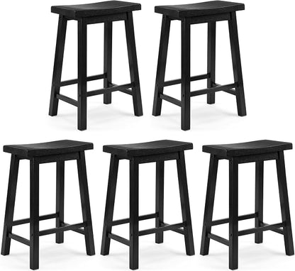 PJ Wood Classic Saddle-Seat 24'' Tall Kitchen Counter Stool for Homes, Dining Spaces, and Bars with Backless Seat, 4 Square Legs, Black (5 Pack)