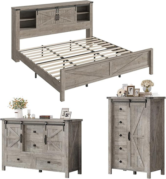 AMERLIFE 3-Piece Farmhouse Bedroom Set, King Size Bed with Sliding Barn Doors & Bookcase Headboard, 5-Drawer Tall Dresser, 4-Drawer Wide Dresser, Light Rustic Oak