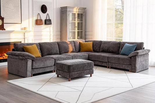 Oversized L Shaped Sectional Couch for Living Room, Extra Large Deep Seat Modular Sectional Sofa with Washable Covers, Modern Cloud Couch for Apartment, Bedroom (Gray, Corner V Shape 7 Seat)