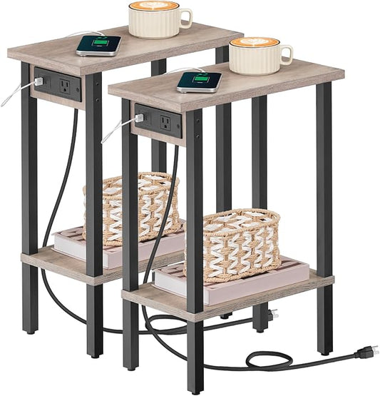 HOOBRO Narrow Side Tables, Set of 2, 2-Tier Slim End Tables with Charging Station, Skinny Nightstands with Open Storage, for Small Spaces, Living Room, Bedroom, Study,Greige and Black BG240UBZP201