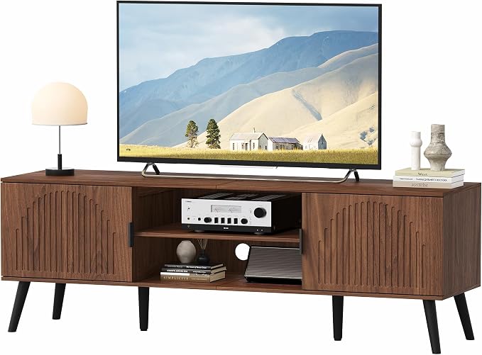 ChooChoo TV Stand for Living Room, Mid Century Modern TV Stand for 65 Inch TVs, Entertainment Center with Storage Cabinet and Open Shelves, TV Console Table Media Cabinet for Bedroom, Walnut