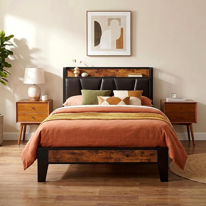 LIKIMIO Twin Bed Frame, Storage Headboard with Charging Station, Solid and Stable, Noise Free, No Box Spring Needed, Easy Assembly (Vintage and Black)